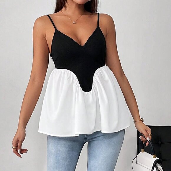 Black and White Casual Women's Contrast Color Deep V-Neck Cami Top - Picture 1 of 6